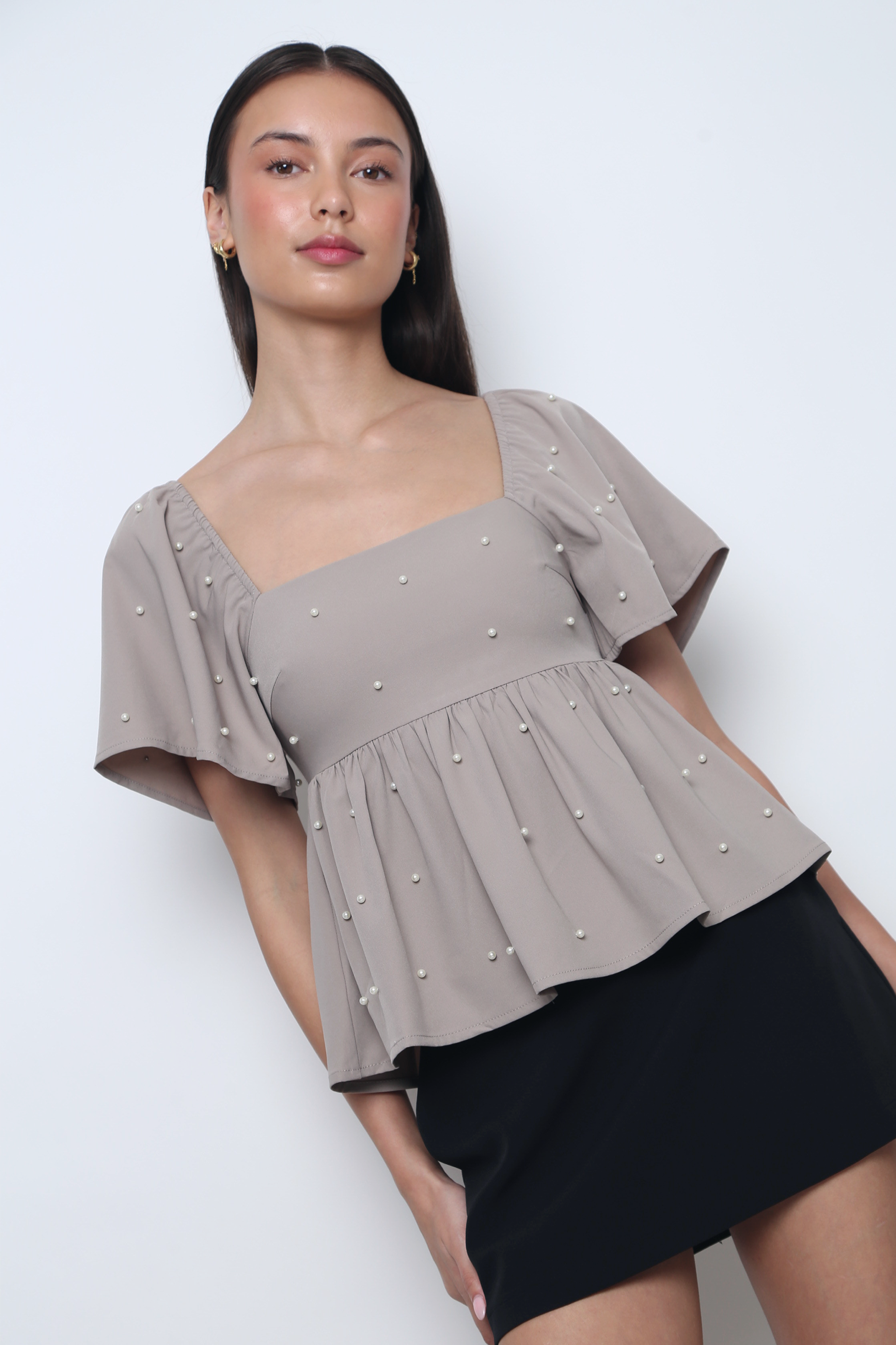 Moonlit Pearl Flutter Sleeves Top Taupe