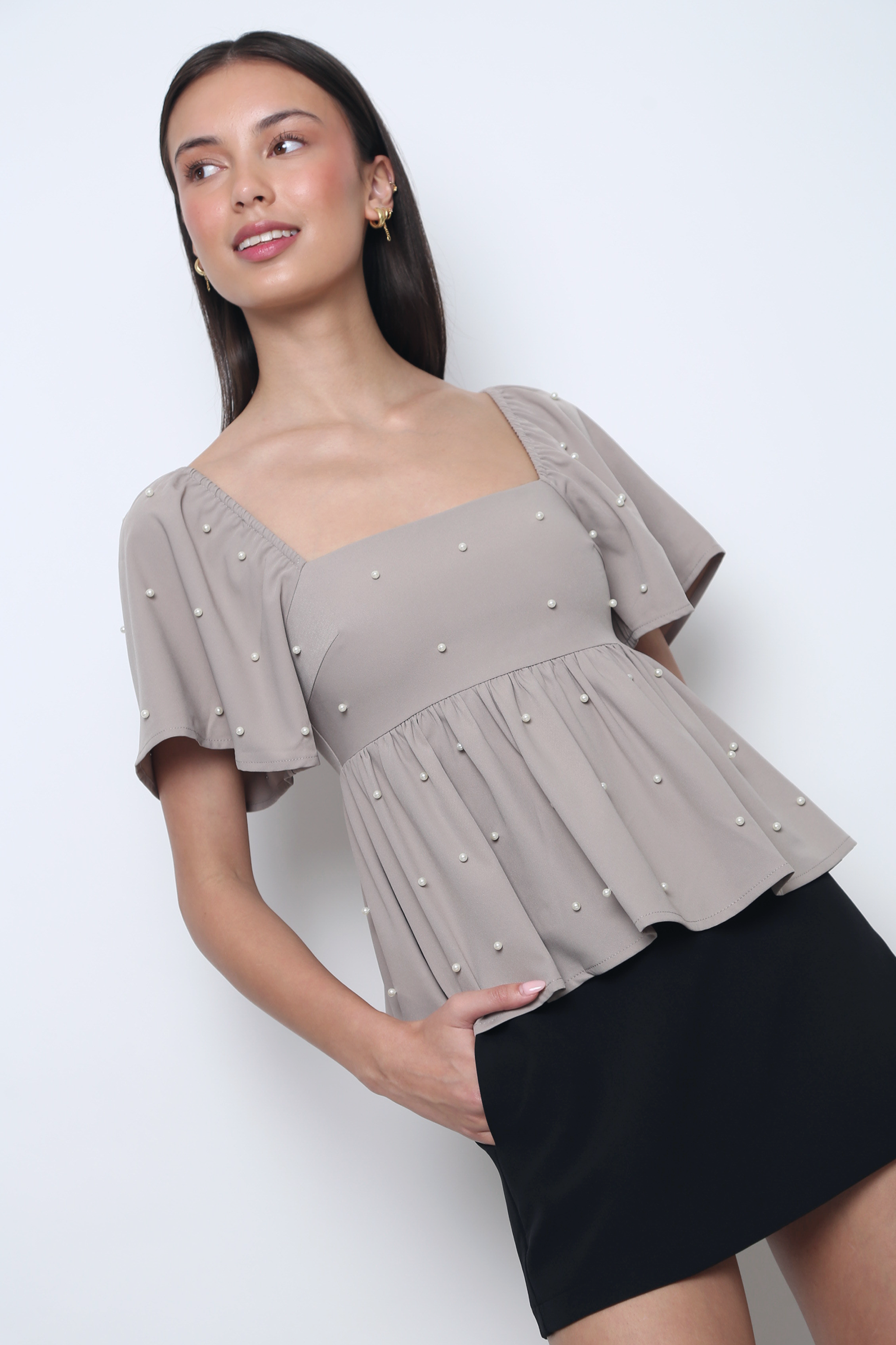 Moonlit Pearl Flutter Sleeves Top Taupe