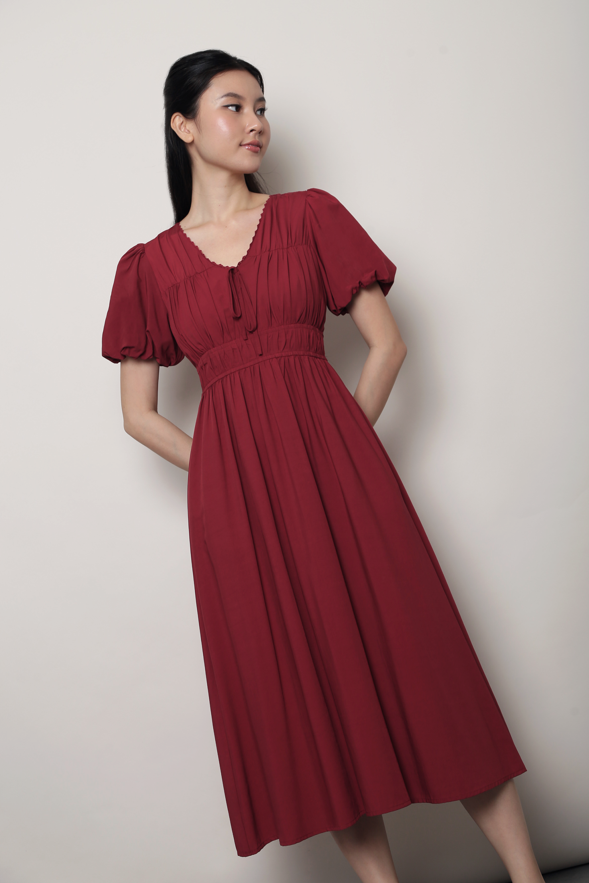 Neroli Lace Trim Midi Dress Burgundy