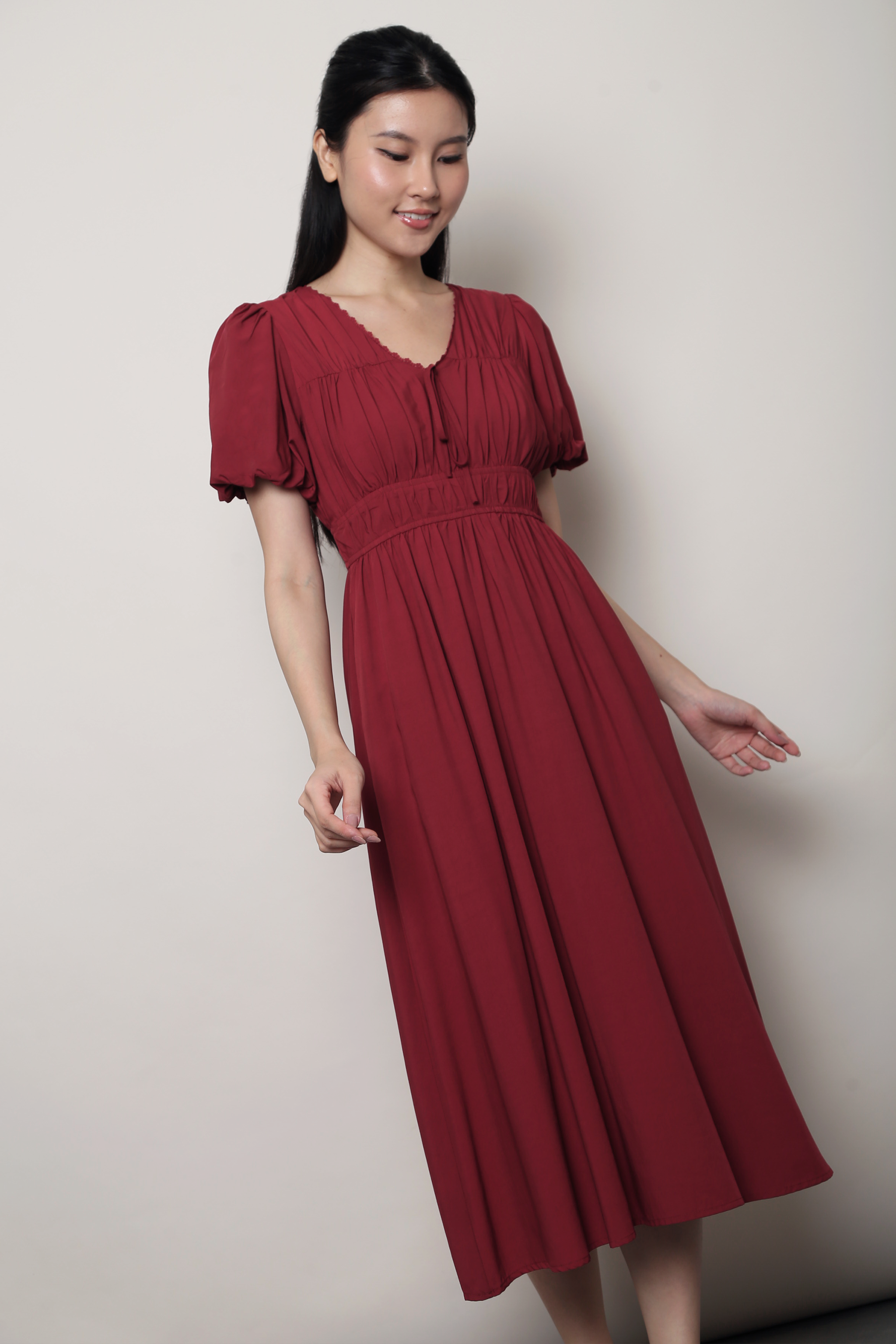 Neroli Lace Trim Midi Dress Burgundy