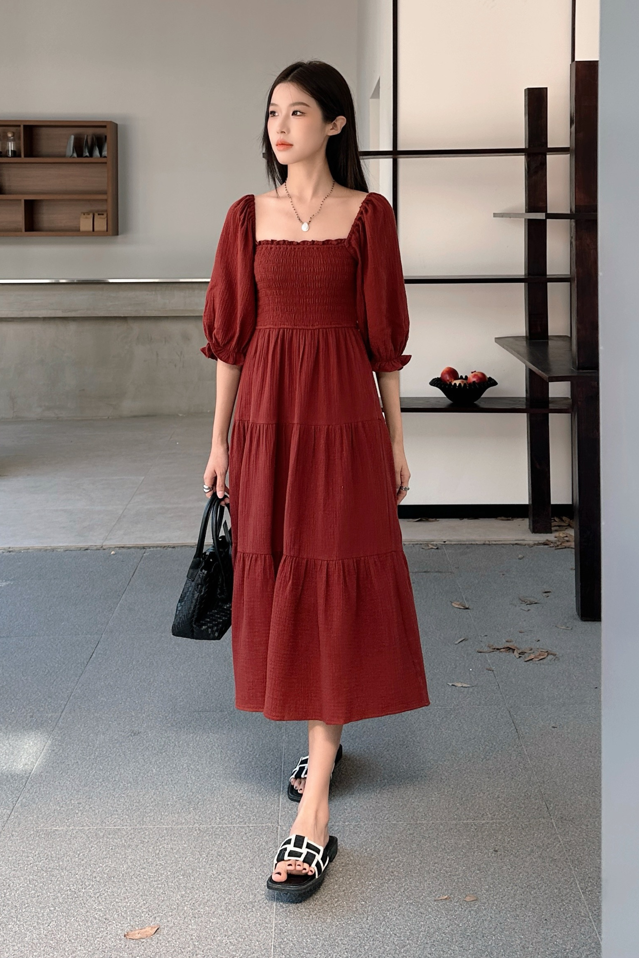 Odette Smocked Tier Midaxi Dress Rosewood