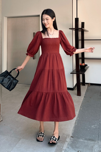 Odette Smocked Tier Midaxi Dress Rosewood