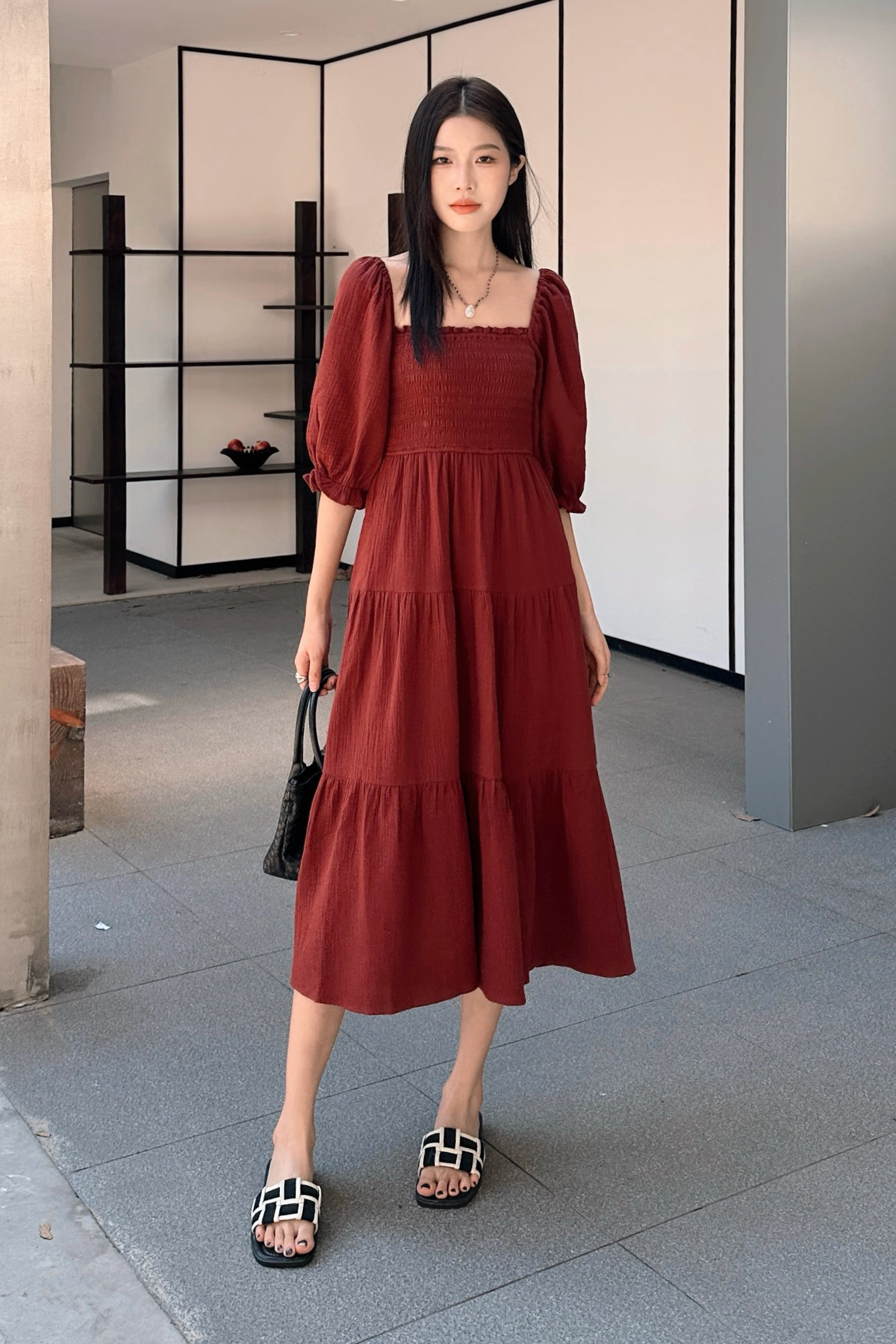 Odette Smocked Tier Midaxi Dress Rosewood