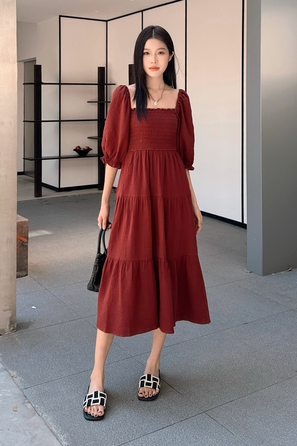 Odette Smocked Tier Midaxi Dress Rosewood