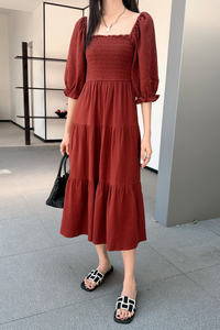 Odette Smocked Tier Midaxi Dress Rosewood