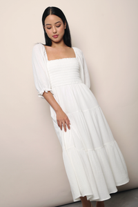 Odette Smocked Tier Midaxi Dress White