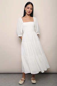 Odette Smocked Tier Midaxi Dress White