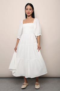 Odette Smocked Tier Midaxi Dress White