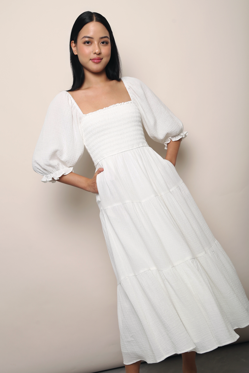 Odette Smocked Tier Midaxi Dress White – Hollyhoque Odette Smocked Tier Midaxi Dress White – Hollyhoque