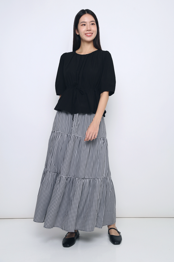 Peltz Gingham Tiered Maxi Skirt Black