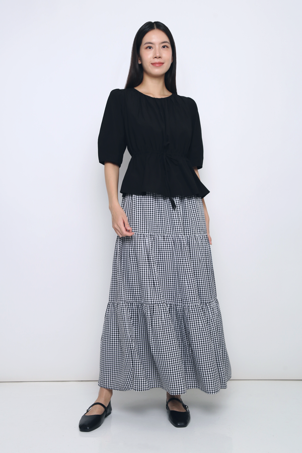 Peltz Gingham Tiered Maxi Skirt Black