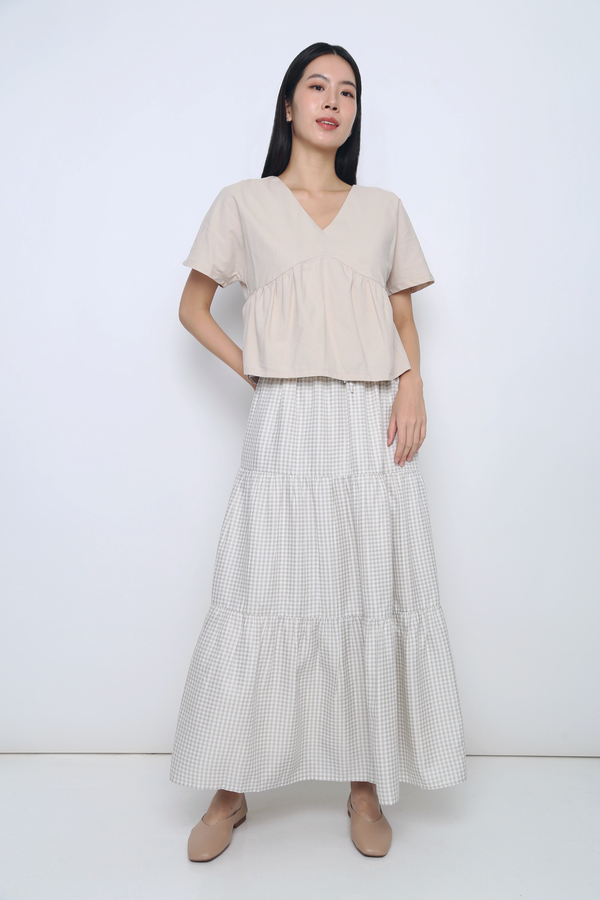 Peltz Gingham Tiered Maxi Skirt Light Taupe