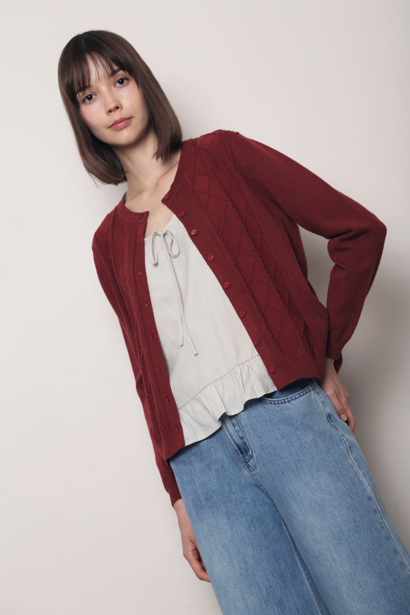 Pointelle Cable Knit Cardigan Wine