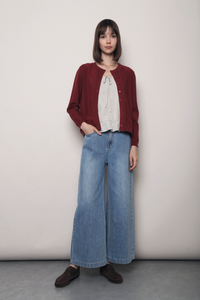 Pointelle Cable Knit Cardigan Wine