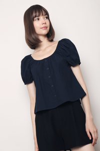 Posie Pleat Scoop Neck Top Navy