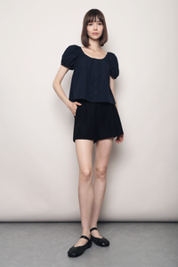 Posie Pleat Scoop Neck Top Navy