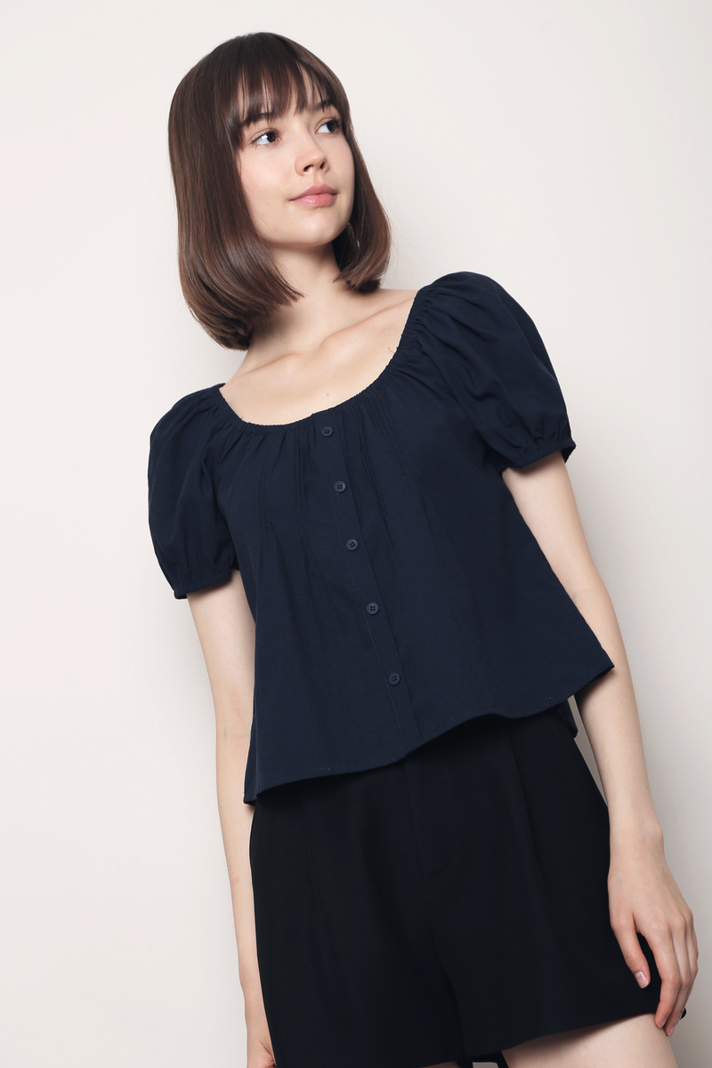 Posie Pleat Scoop Neck Top Navy