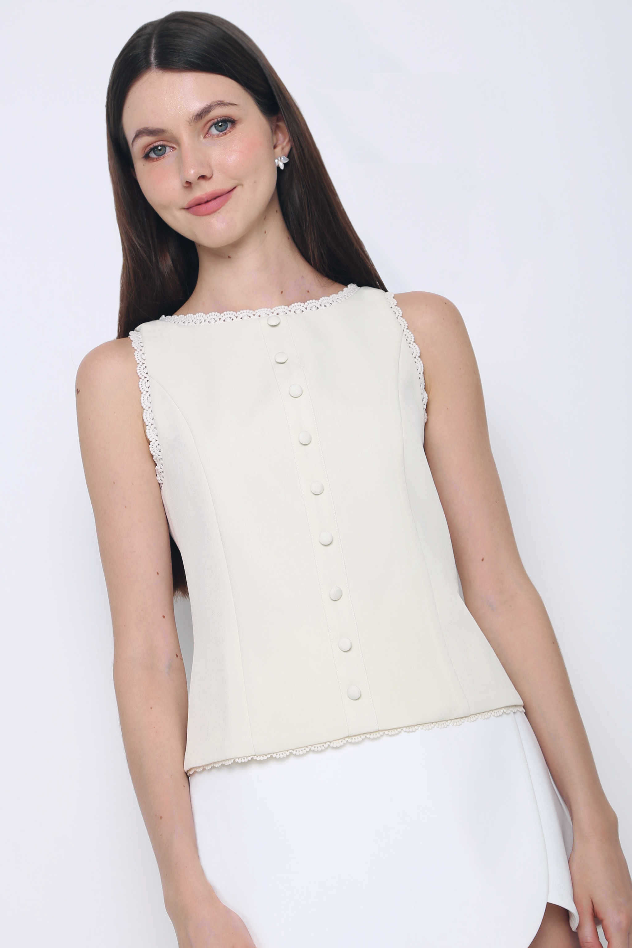 Saylor Lace Trim Tailored Top Beige