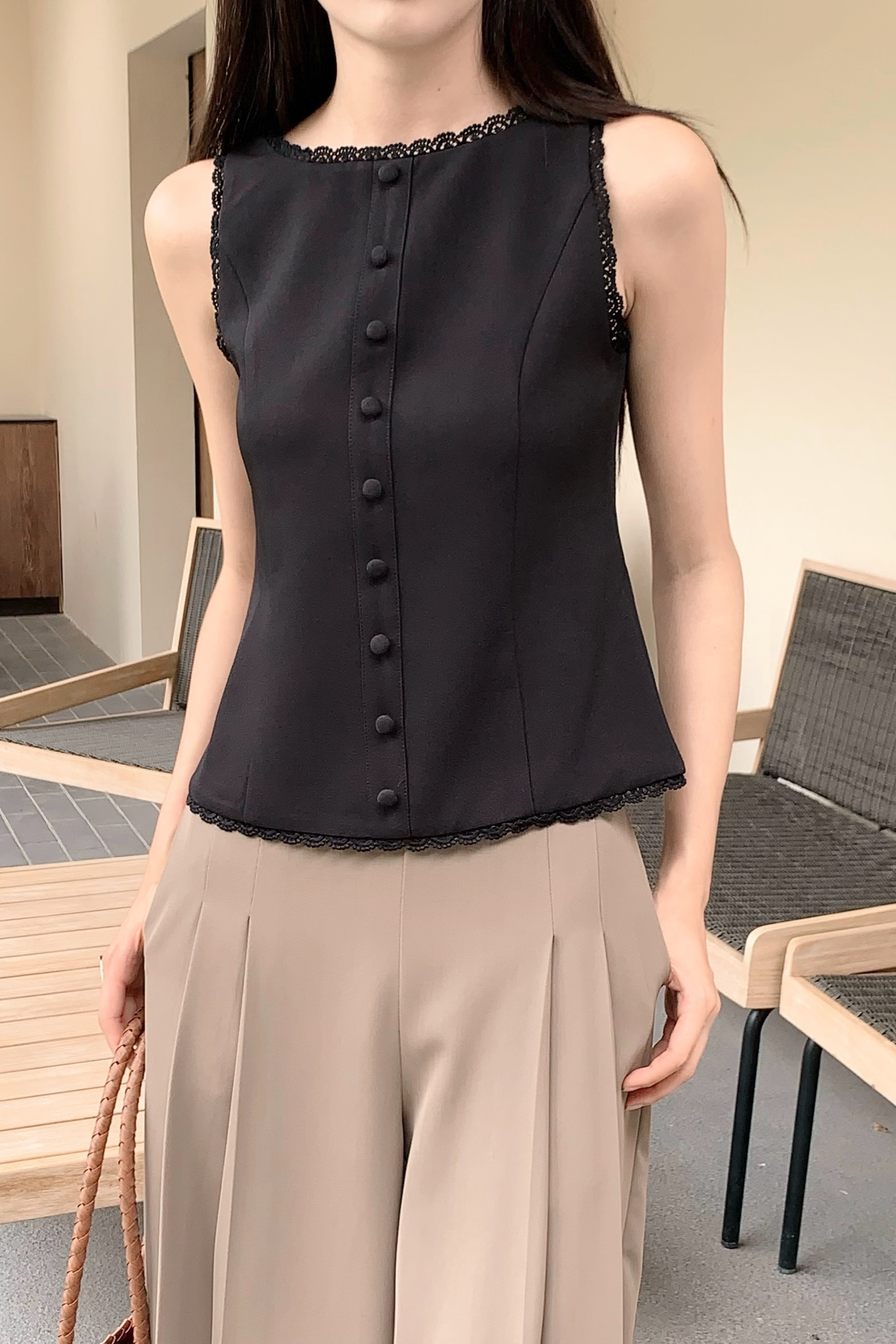 Saylor Lace Trim Tailored Top Black