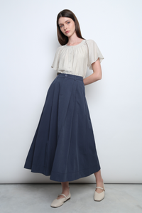 Seattle Pleated Cotton Maxi Skirt Navy