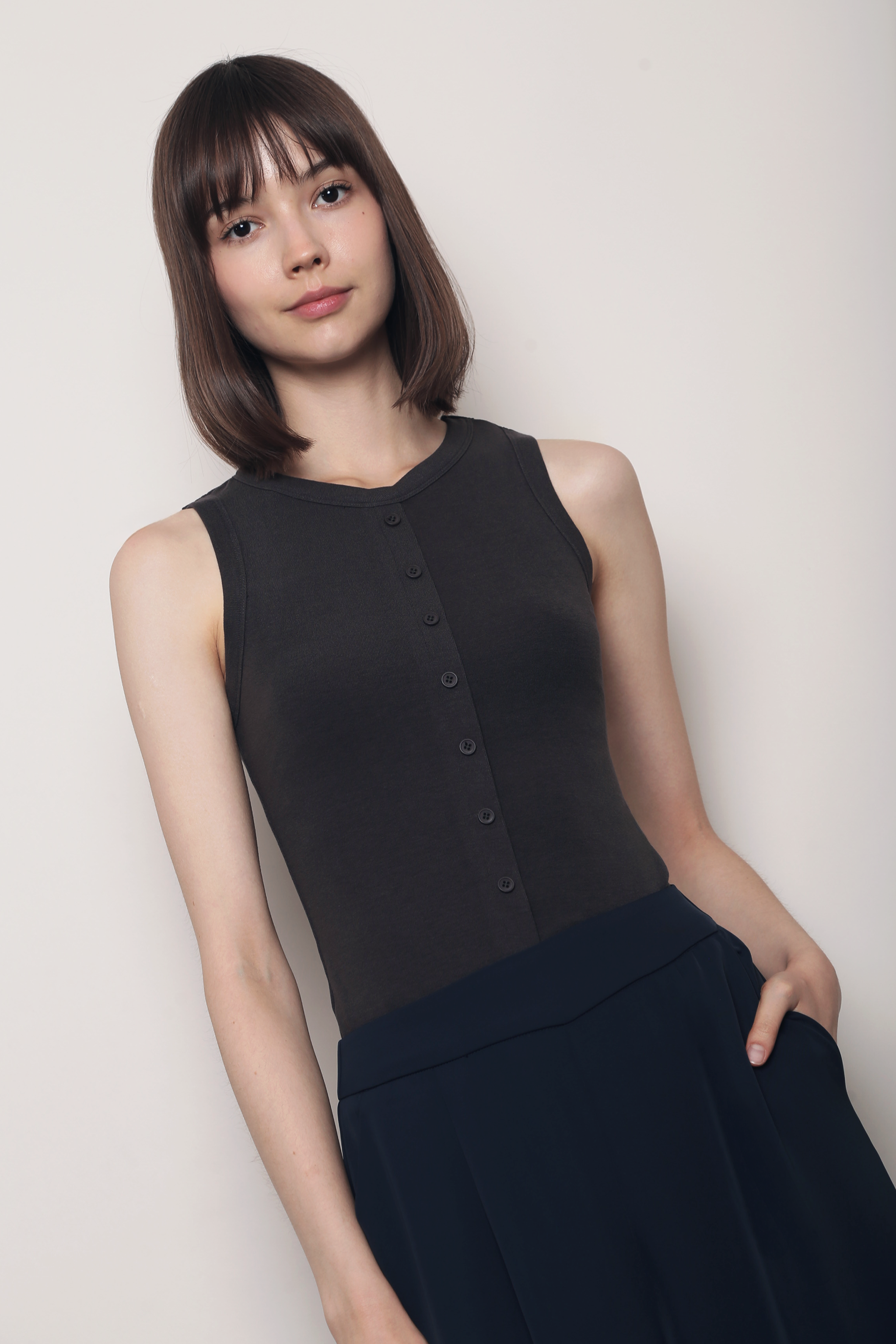 Snuggles Button Tank Gunmetal Grey