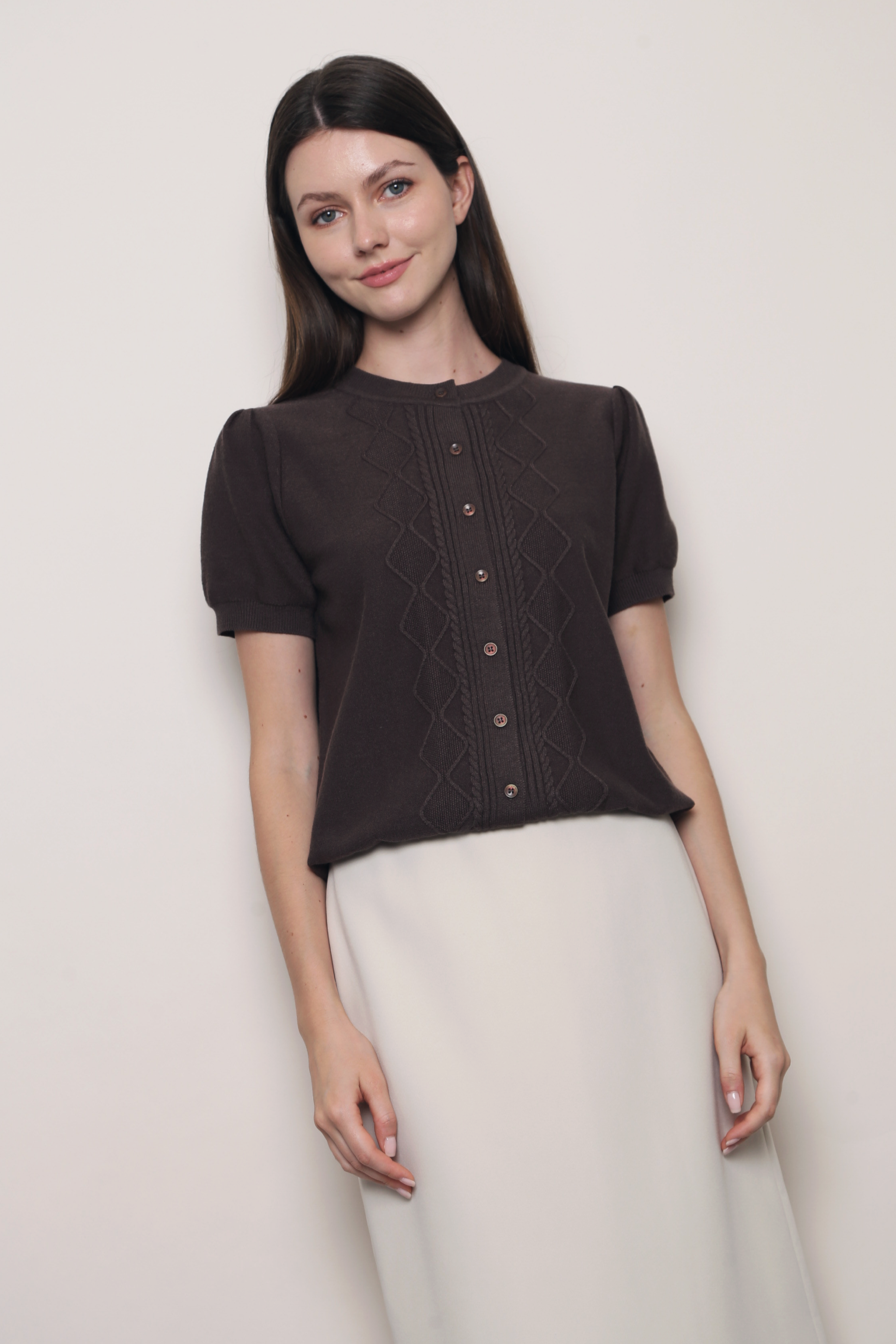 Soft Trellis Knit Blouse Brown