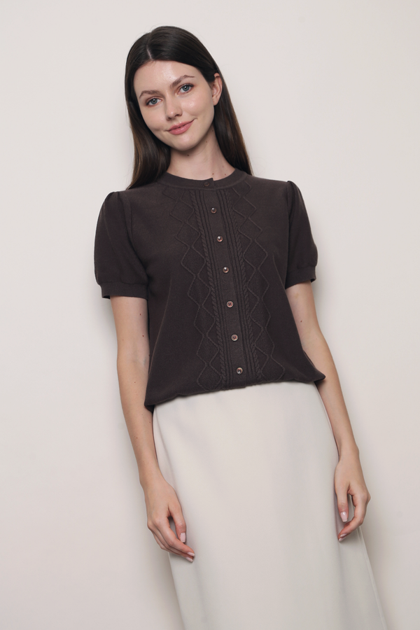 Soft Trellis Knit Blouse Brown
