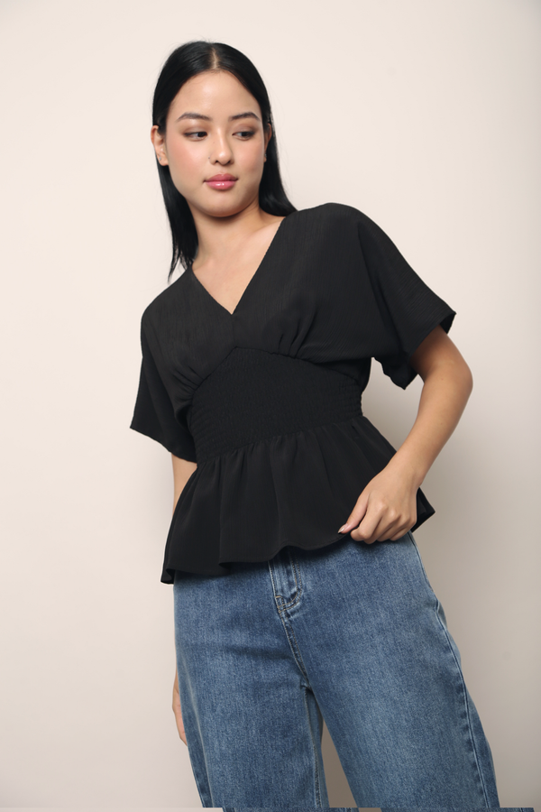 Sorrento Smocked Waist Kimono Top Black