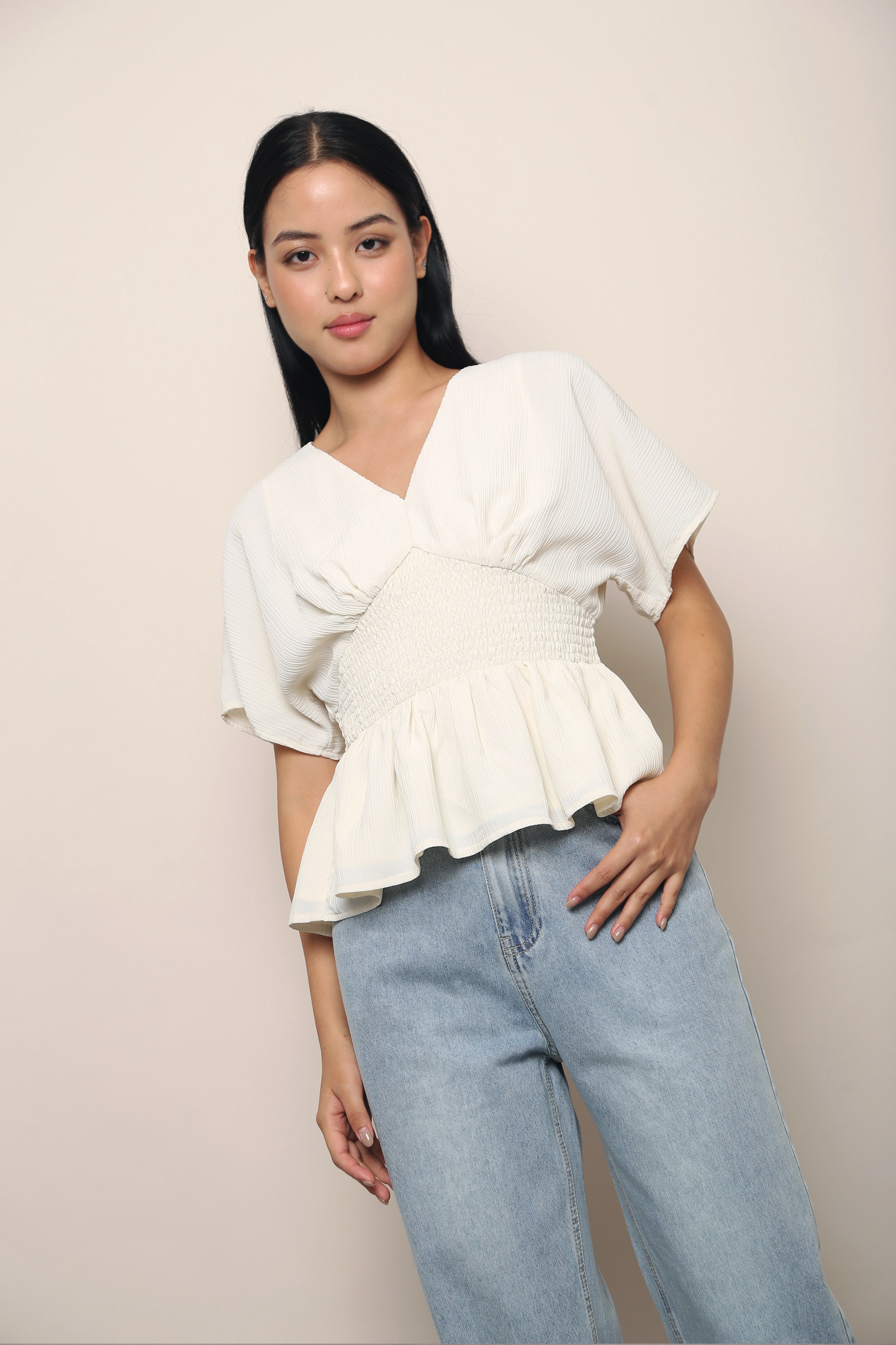 Sorrento Smocked Waist Kimono Top Ivory