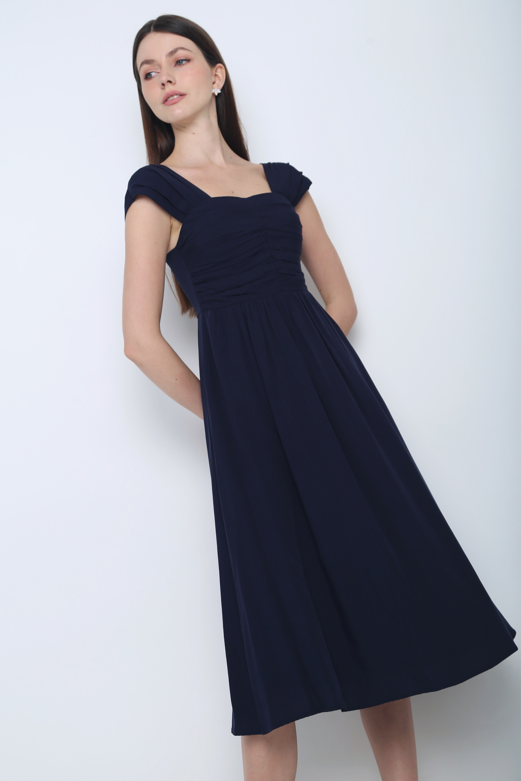 Twila Sweetheart Fan Sleeves Midi Dress Navy