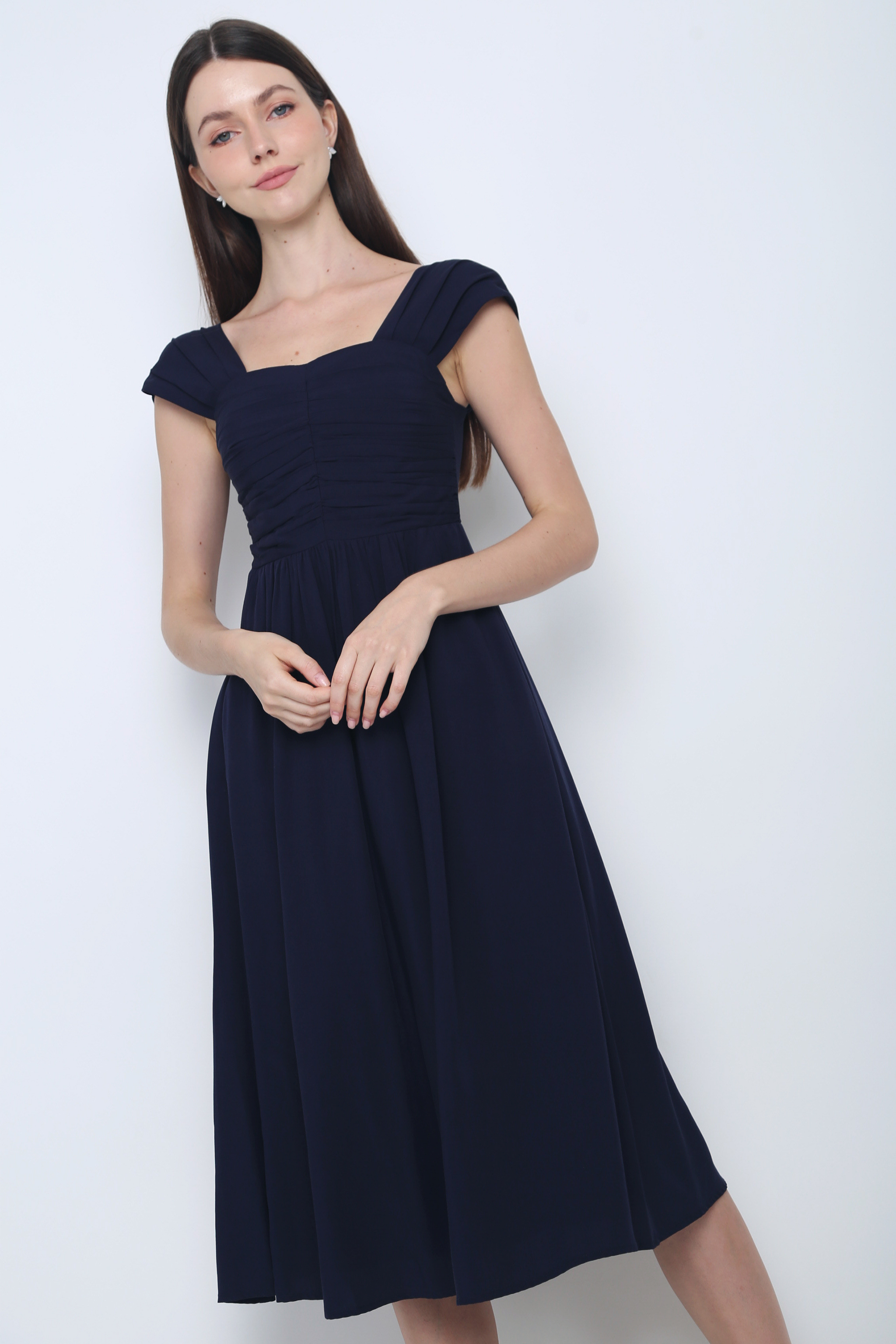 Twila Sweetheart Fan Sleeves Midi Dress Navy