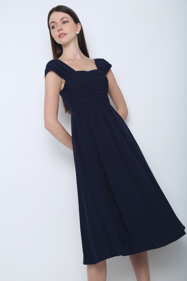 Twila Sweetheart Fan Sleeves Midi Dress Navy
