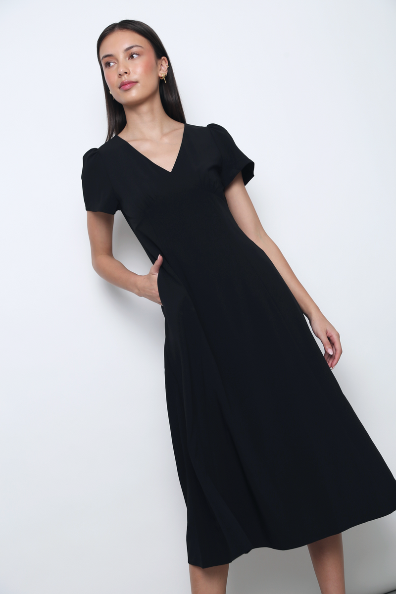 Venezia Fit Flare Midi Dress Black (Restock)
