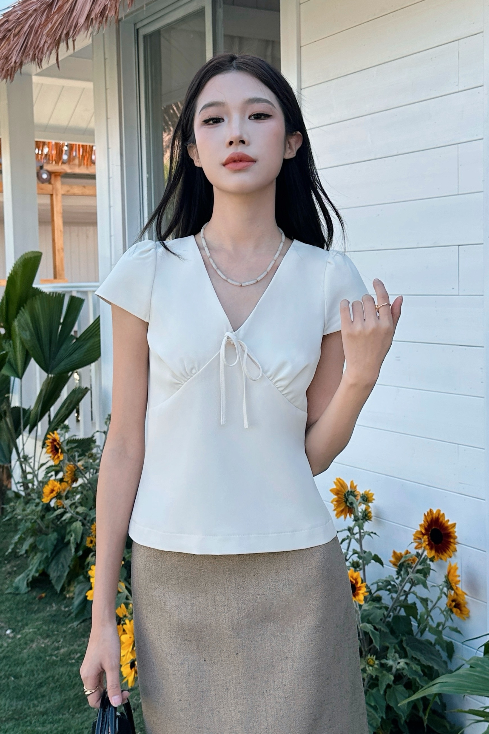 Victoria V Neck Shift Blouse Ivory (Retsock)