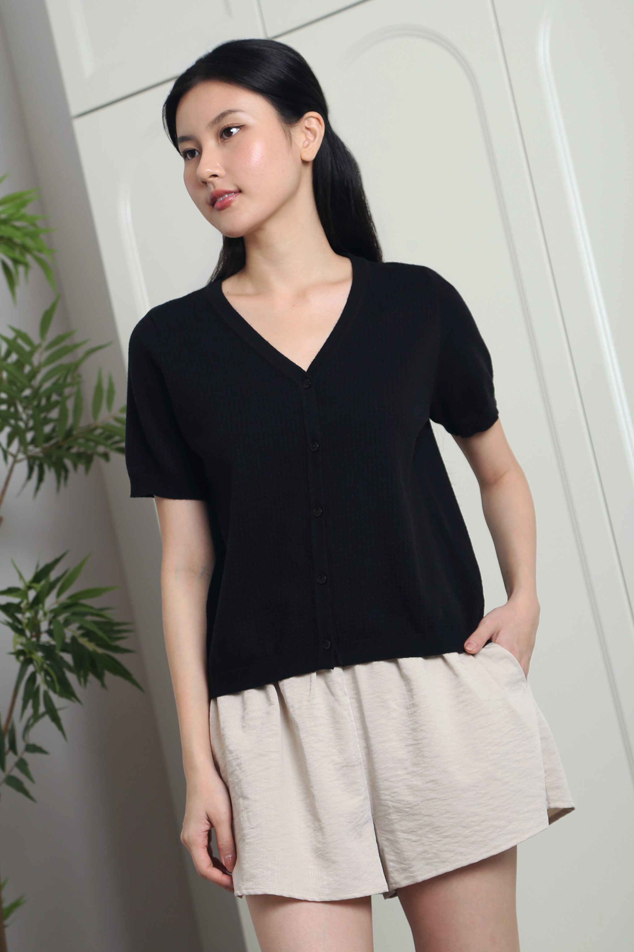 Waffle Town Knit Blouse Black