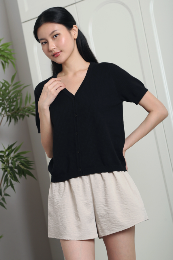 Waffle Town Knit Blouse Black