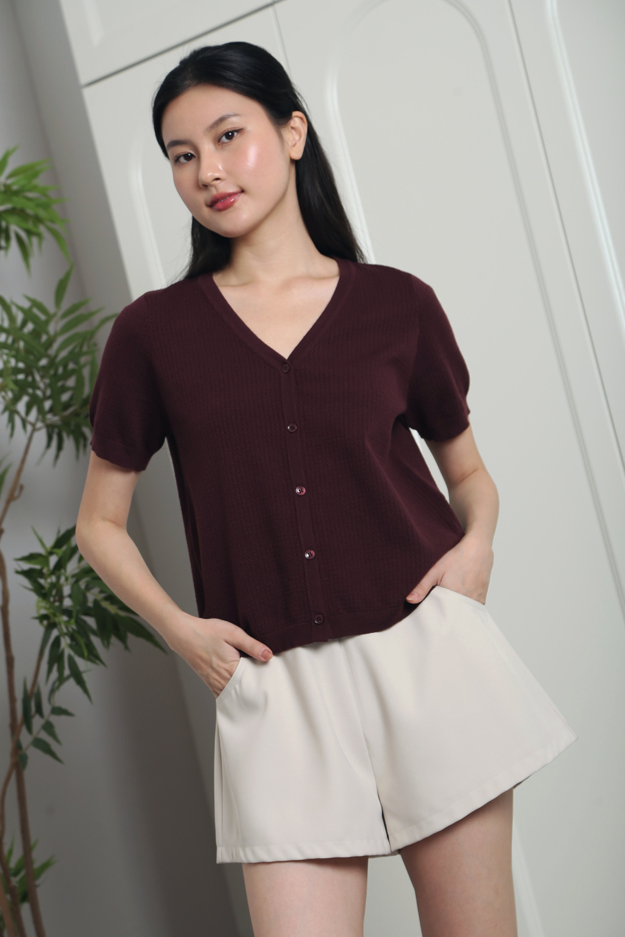 Waffle Town Knit Blouse Burgundy