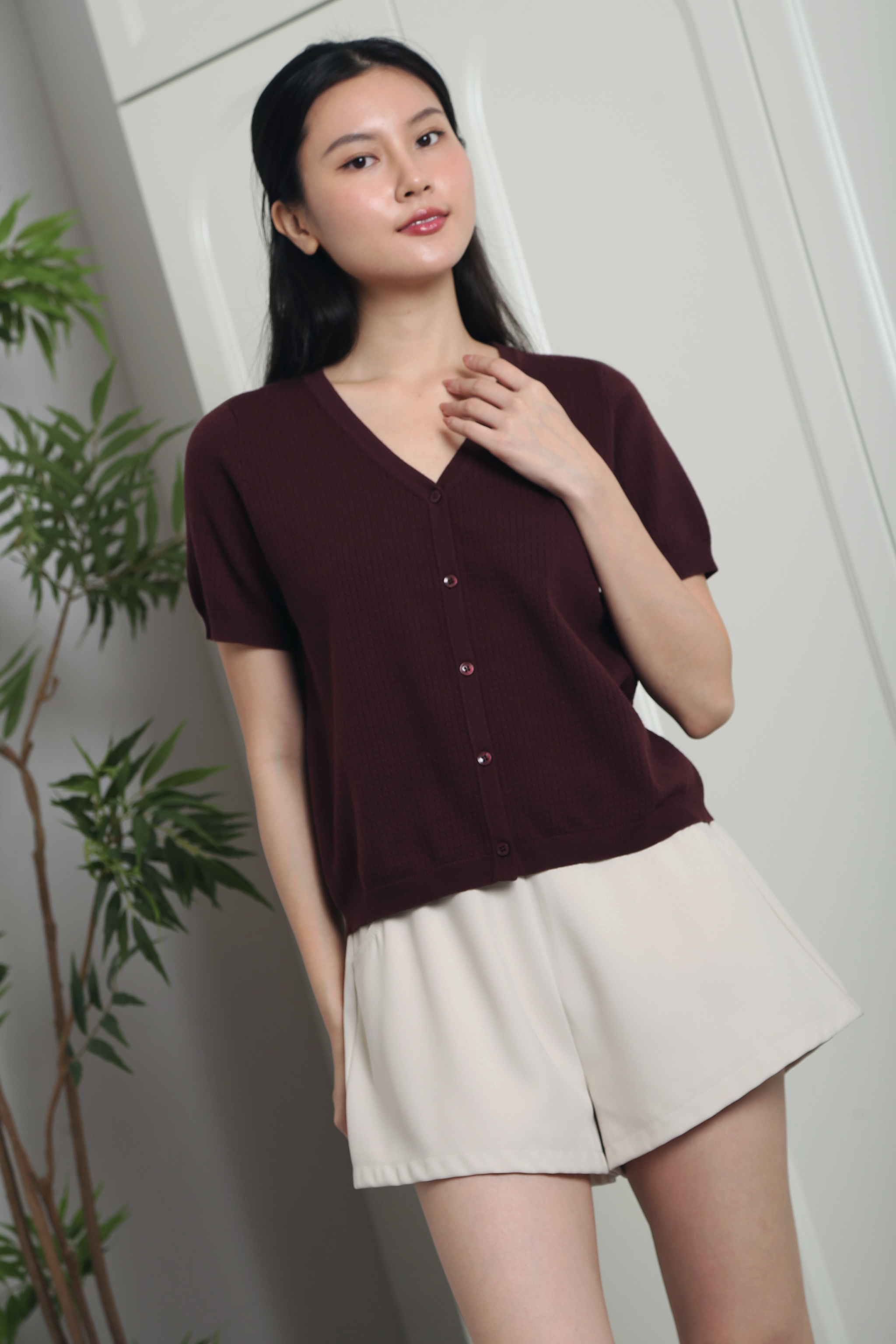 Waffle Town Knit Blouse Burgundy