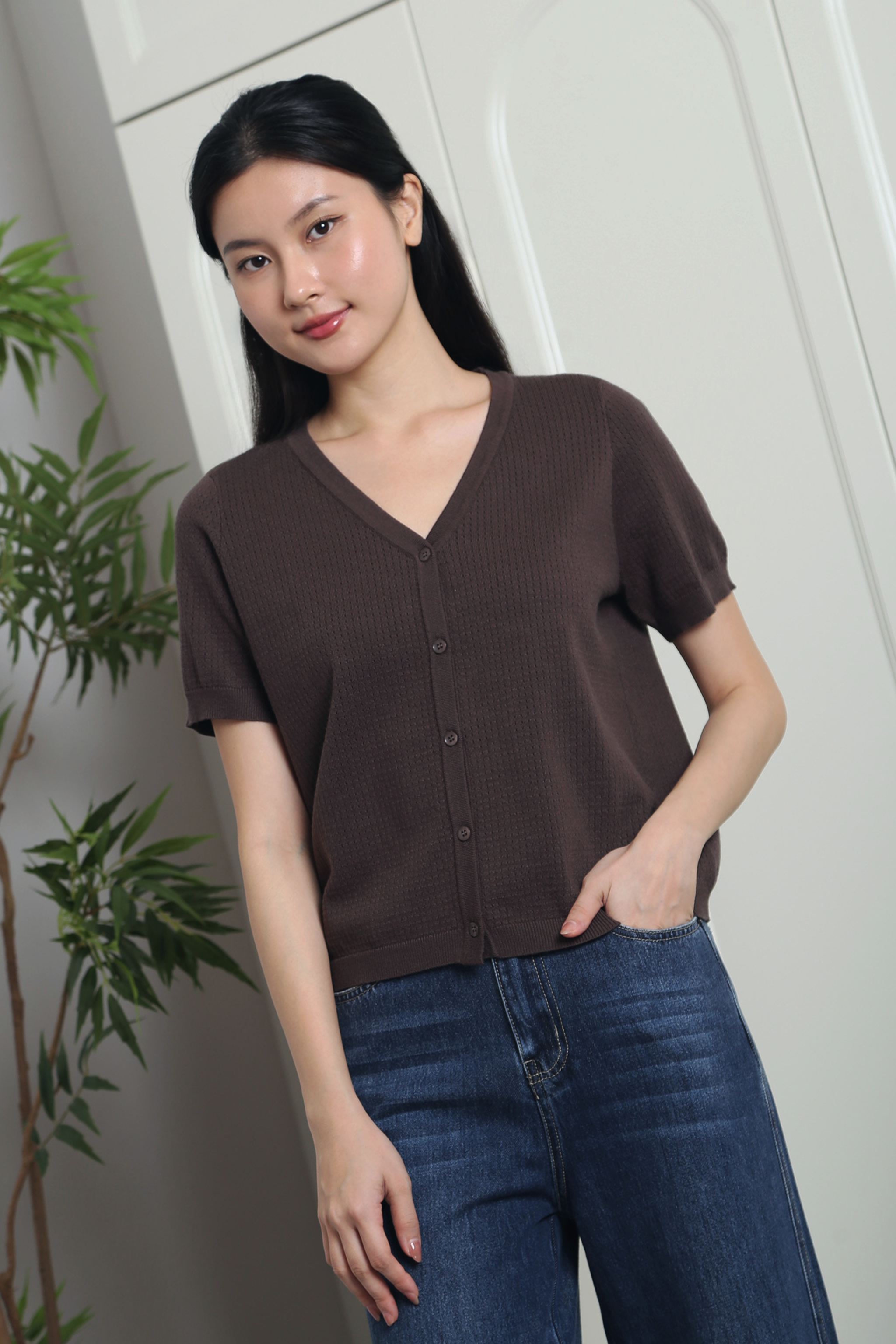 Waffle Town Knit Blouse Chestnut Brown