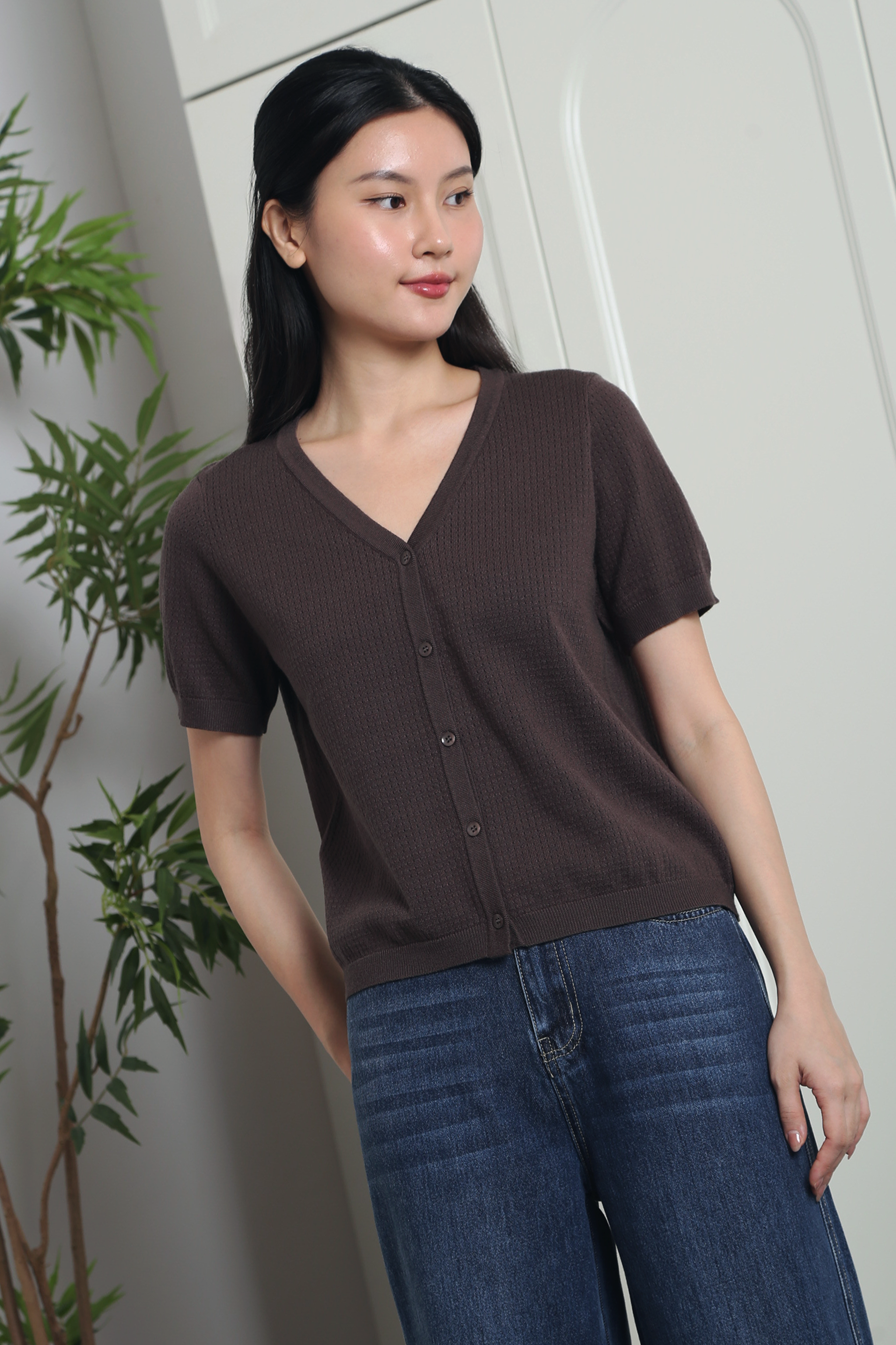 Waffle Town Knit Blouse Chestnut Brown
