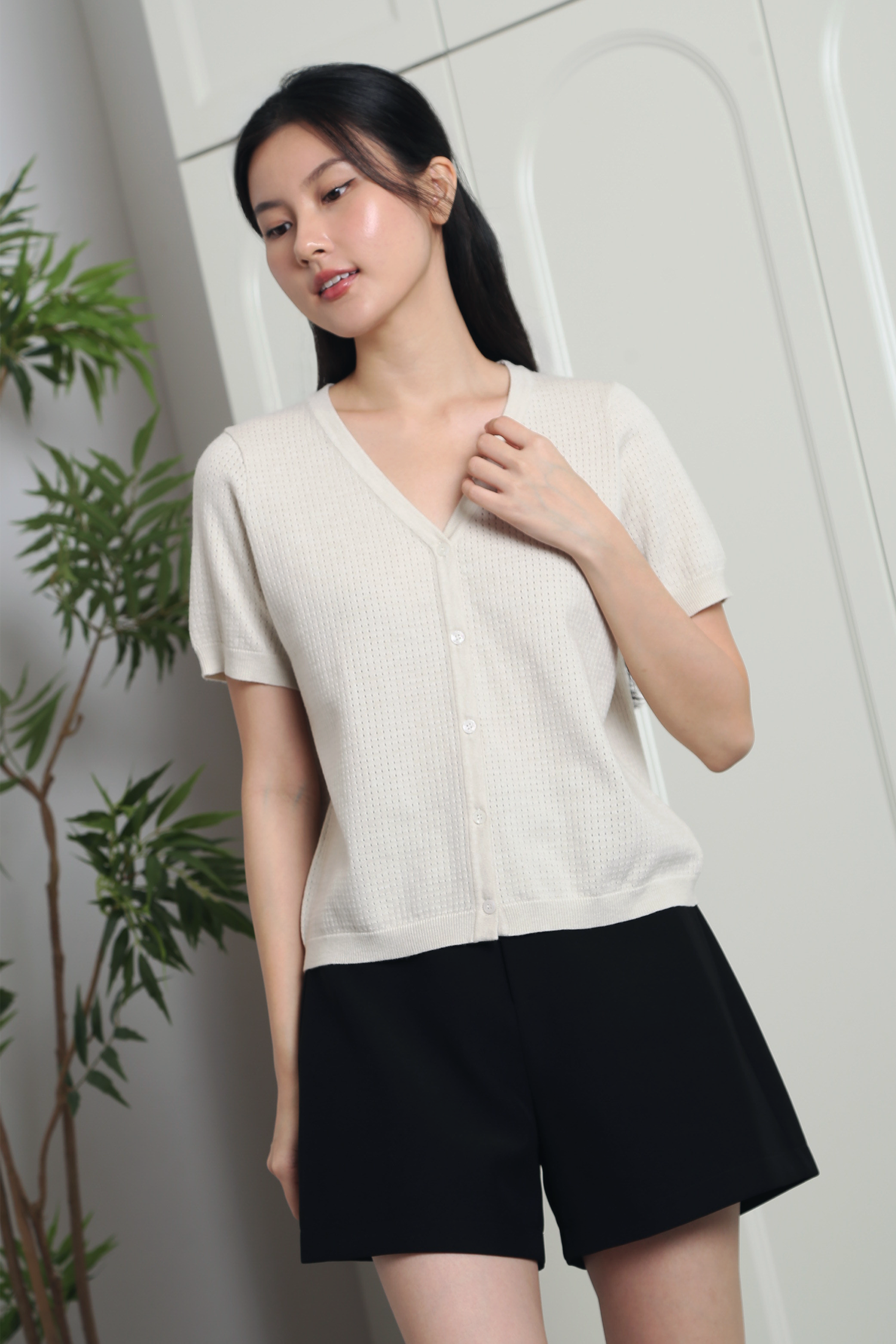 Waffle Town Knit Blouse Cream