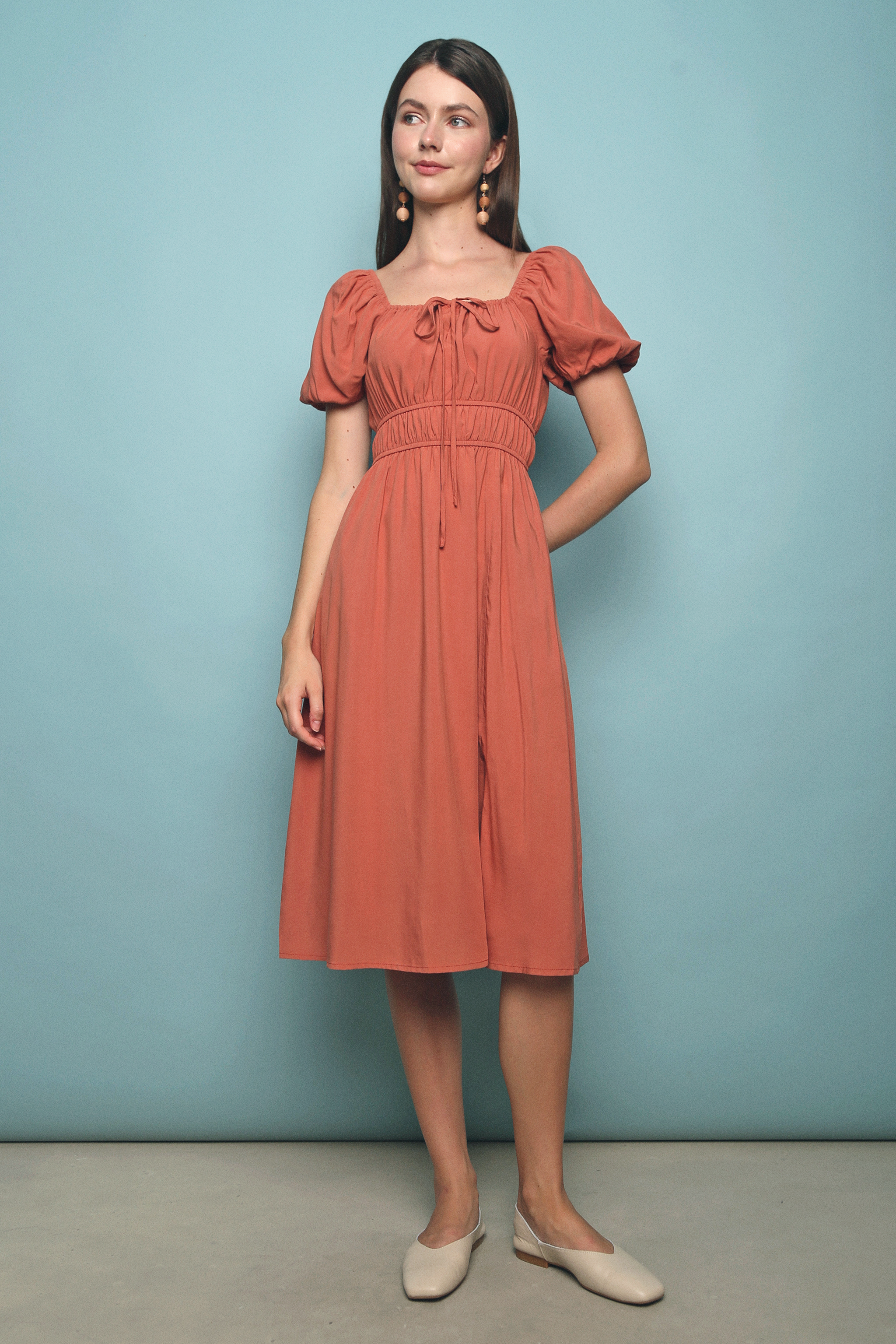 Domi Ruched Midi Dress Rust