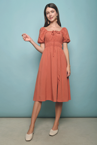 Domi Ruched Midi Dress Rust