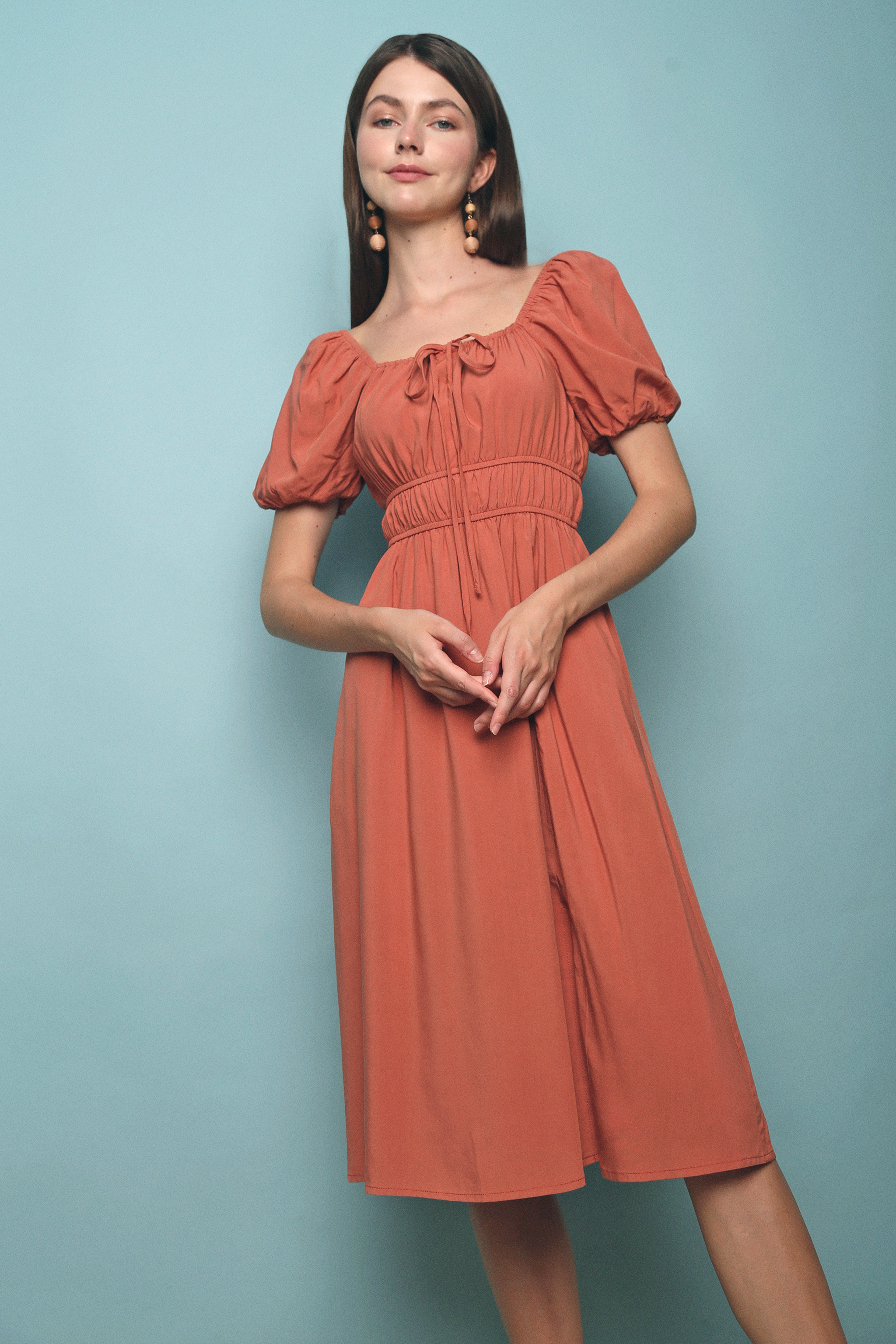 Domi Ruched Midi Dress Rust