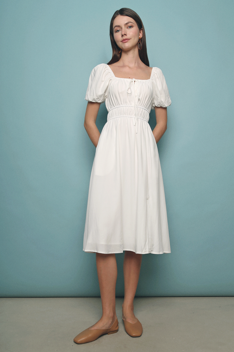 Domi Ruched Midi Dress White