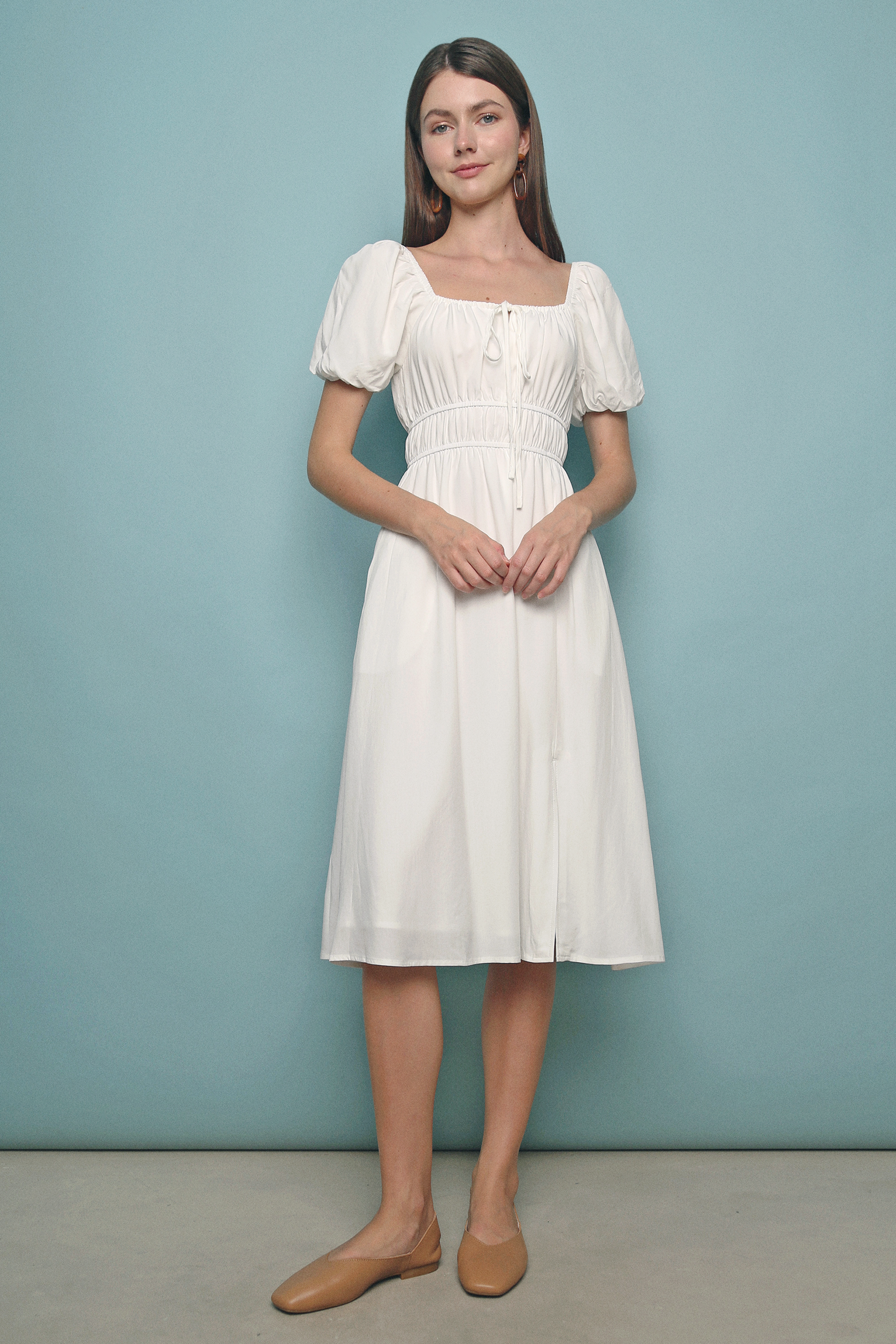 Domi Ruched Midi Dress White