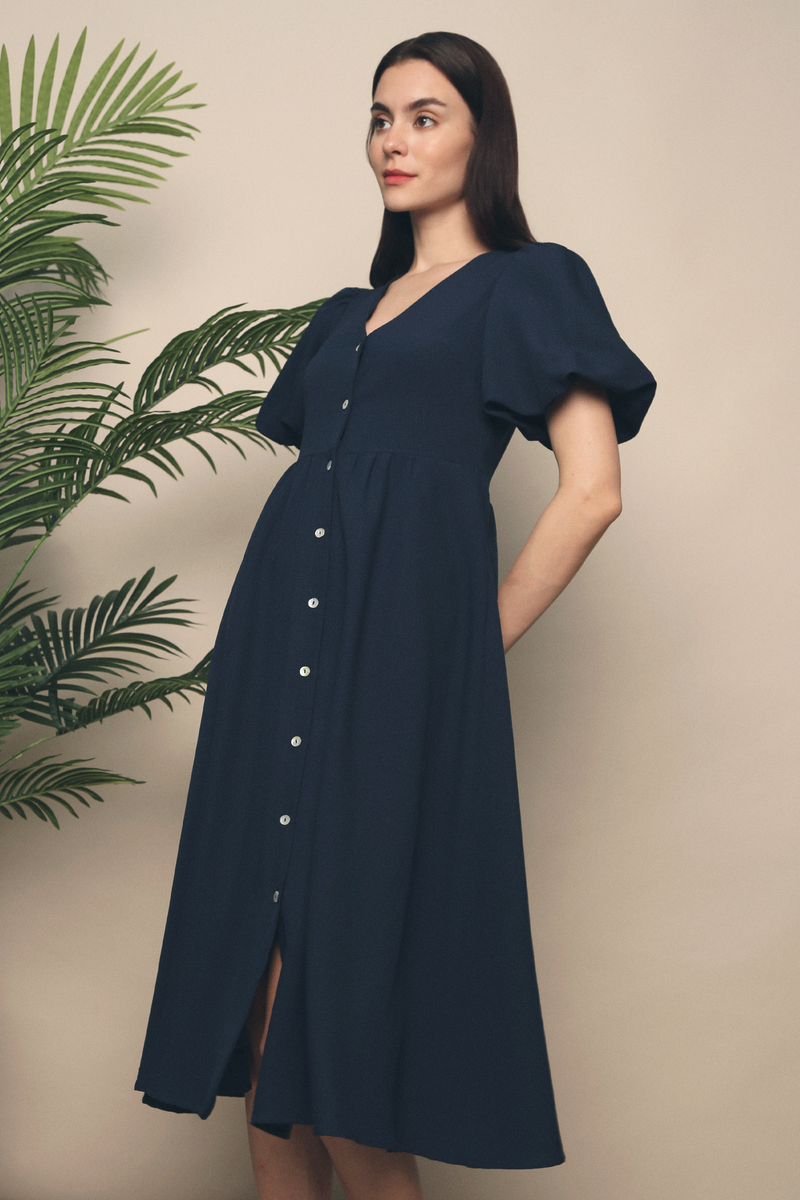 Missha Bubble Sleeves Midi Dress Navy