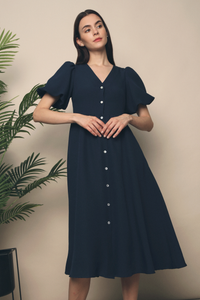 Missha Bubble Sleeves Midi Dress Navy