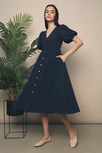 Missha Bubble Sleeves Midi Dress Navy