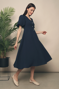 Missha Bubble Sleeves Midi Dress Navy